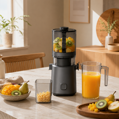 Świeża, inteligentna wyciskarka wolnoobrotowa Fresh Smart HJ303 z szerokim otworem – wyciskarka, która nadąży za pragnieniem Twojej rodziny dzięki otworowi 155 mm, zasobnikowi 2400 ml, zimnemu tłoczeniu 200 W i funkcją samooczyszczania