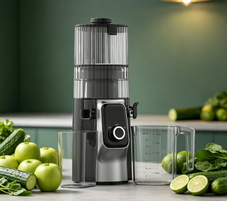 Wolnoobrotowa wyciskarka do soków Fresh Smart HJ102C – wyciskarka, która sprawi, że świeży sok stanie się częścią Twojej codziennej rutyny, z 3 regulowanymi prędkościami, szerokim otworem 135 mm, zimnym tłoczeniem 200 W i funkcją samooczyszczania