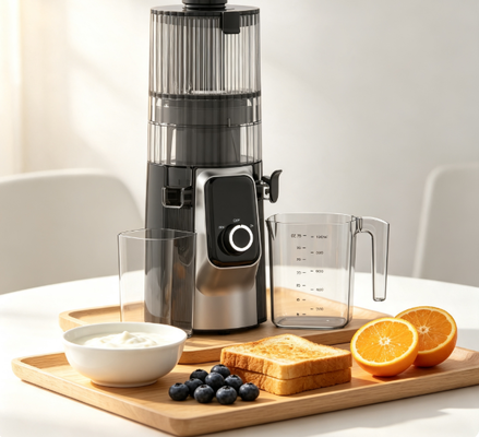 Wolnoobrotowa wyciskarka do soków Fresh Smart HJ102C – wyciskarka, która daje Ci sok, na jaki zasługujesz, z 3 regulowanymi prędkościami, szerokim otworem 135 mm, zimnym tłoczeniem 200 W i funkcją samooczyszczania